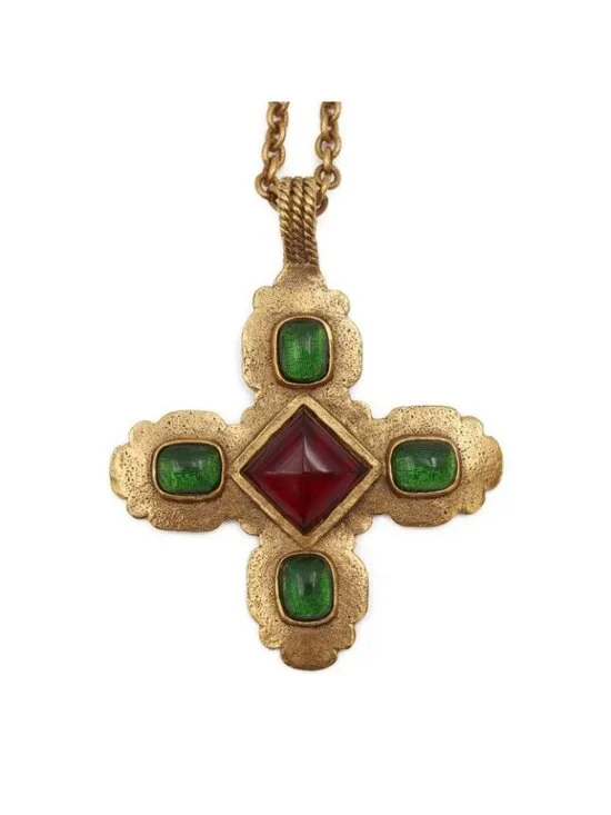 Chanel Colored Stone Necklace Metal Gold Red Green Gripoix - Picture 1 of 8